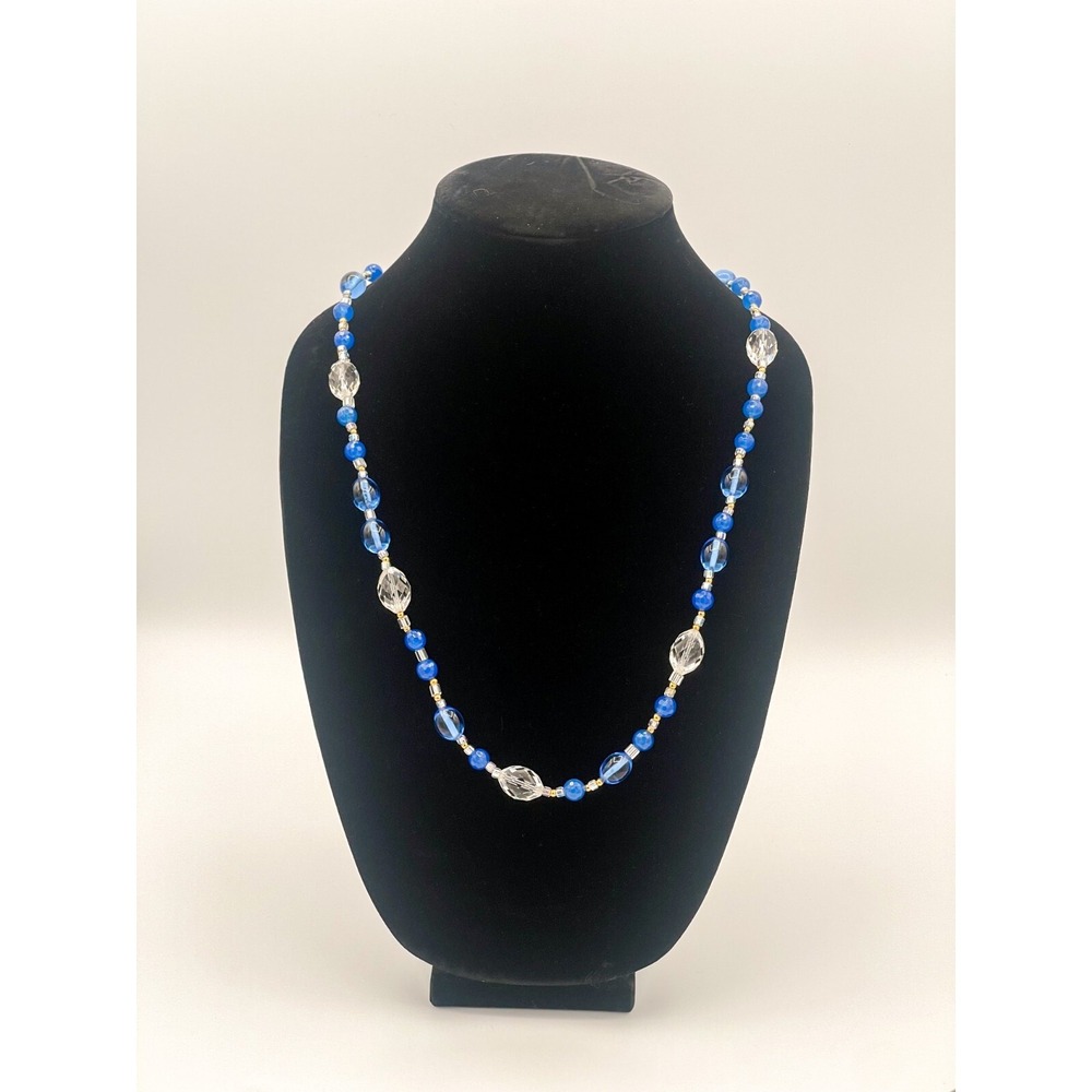 Blue & Clear Glass Beaded Necklace – Gold Tone Accents, Handmade Jewelry